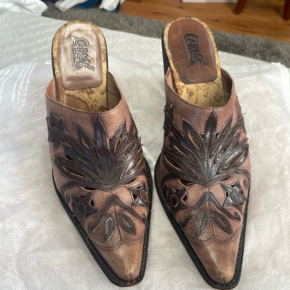 Leather mules, cowboy boot clog